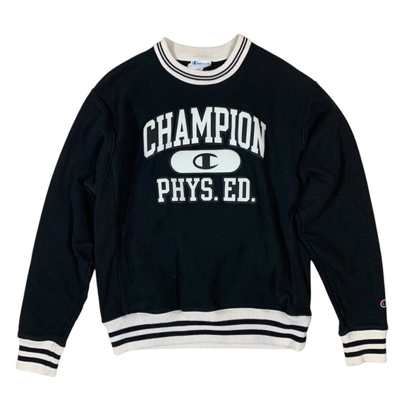 Champion Reverse Weave Phys Ed Black White Varsity Crewneck Sweatshirt Medium - Picture 1 of 4